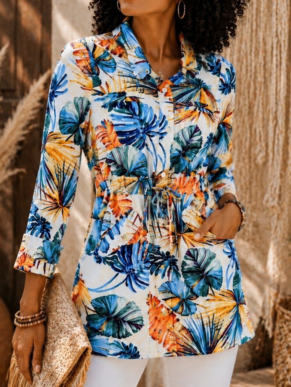 Women's 100% Linen Tropical Floral Jacket Drawstring Waist Button Front